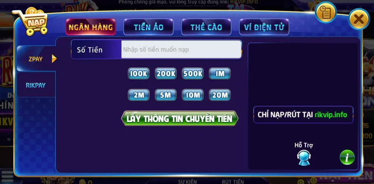Phương Pháp Nạp Tiền Qua Ngân Hàng Vào RikVip Đơn Giản Giúp Người Chơi Trải Nghiệm Game Cực Đã