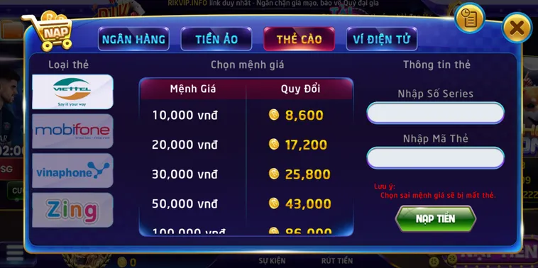Phương Pháp Nạp Tiền RikVip Đơn Giản Giúp Người Chơi Trải Nghiệm Game Cực Đã